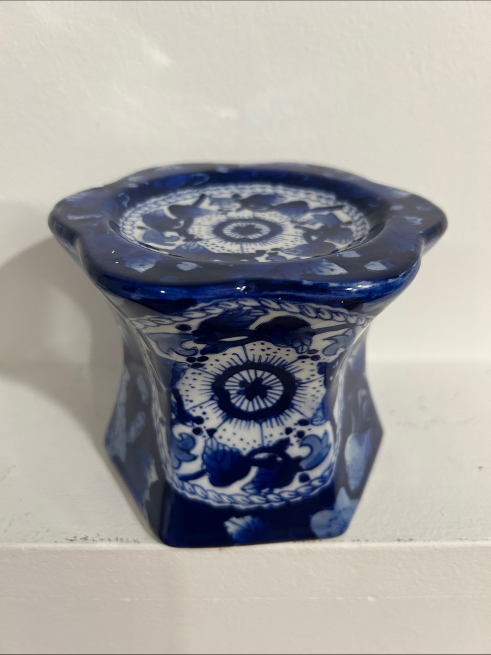 Blue and White Ceramic Decorative Floral Accent Candle Holder or Pedestal